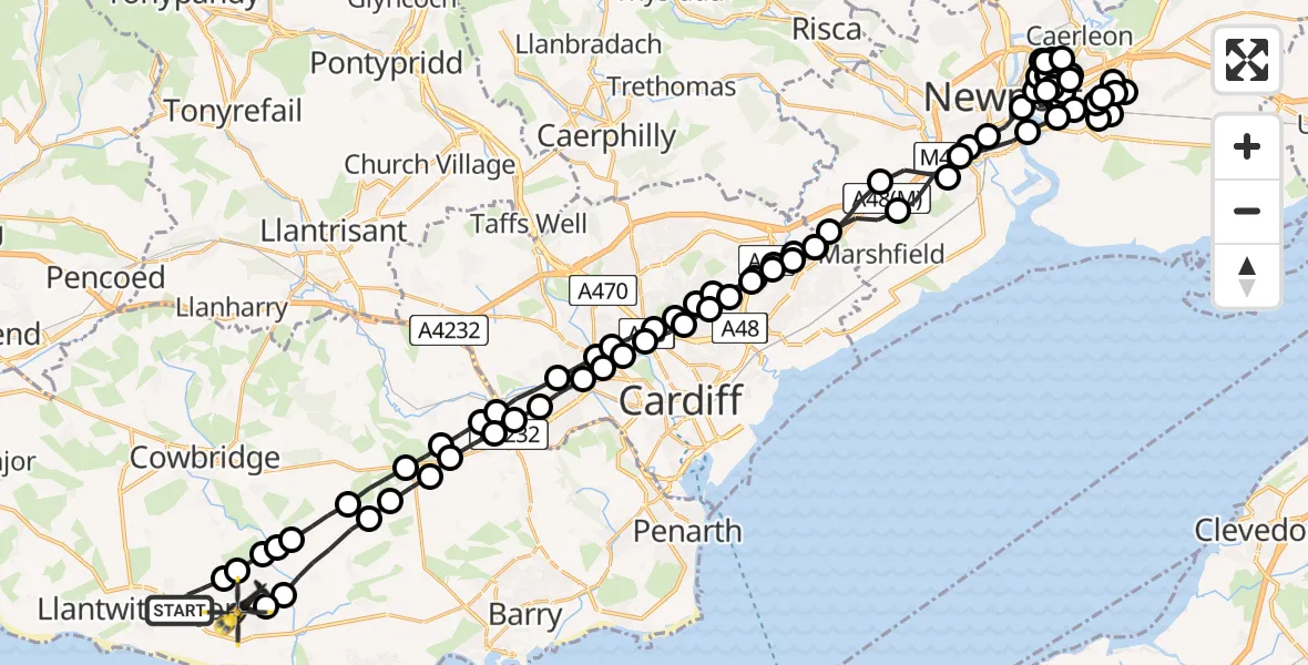 Flight route Police Helicopter Boverton - MOD St Athan, 01 August 2026, 21:05