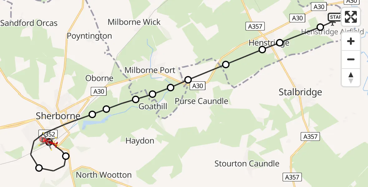 Flight route Air Ambulance Helicopter Henstridge Airfield - Sherborne, 01 August 2026, 21:28