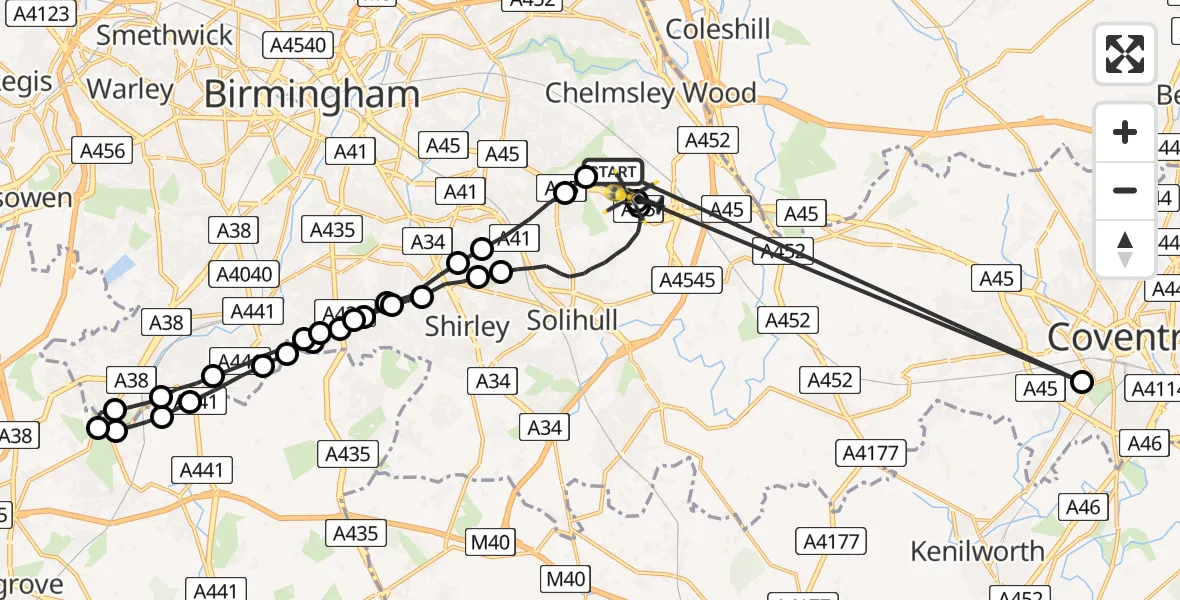 Flight route Police Helicopter Birmingham Airport - Birmingham Airport, 01 August 2026, 22:17