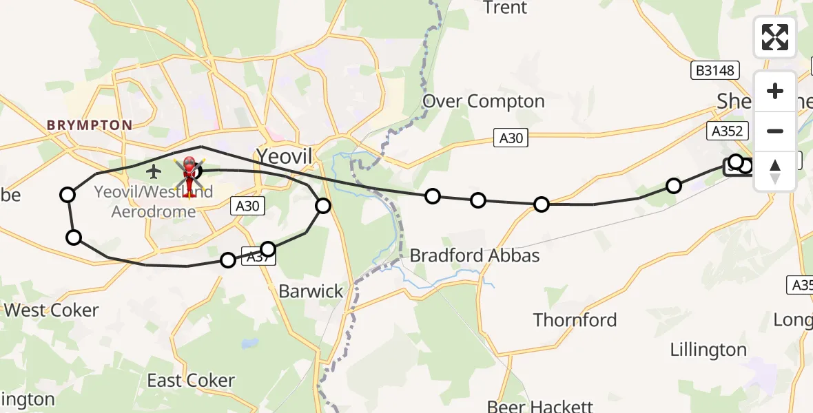 Flight route Air Ambulance Helicopter Sherborne - Yeovil, 01 August 2026, 22:22