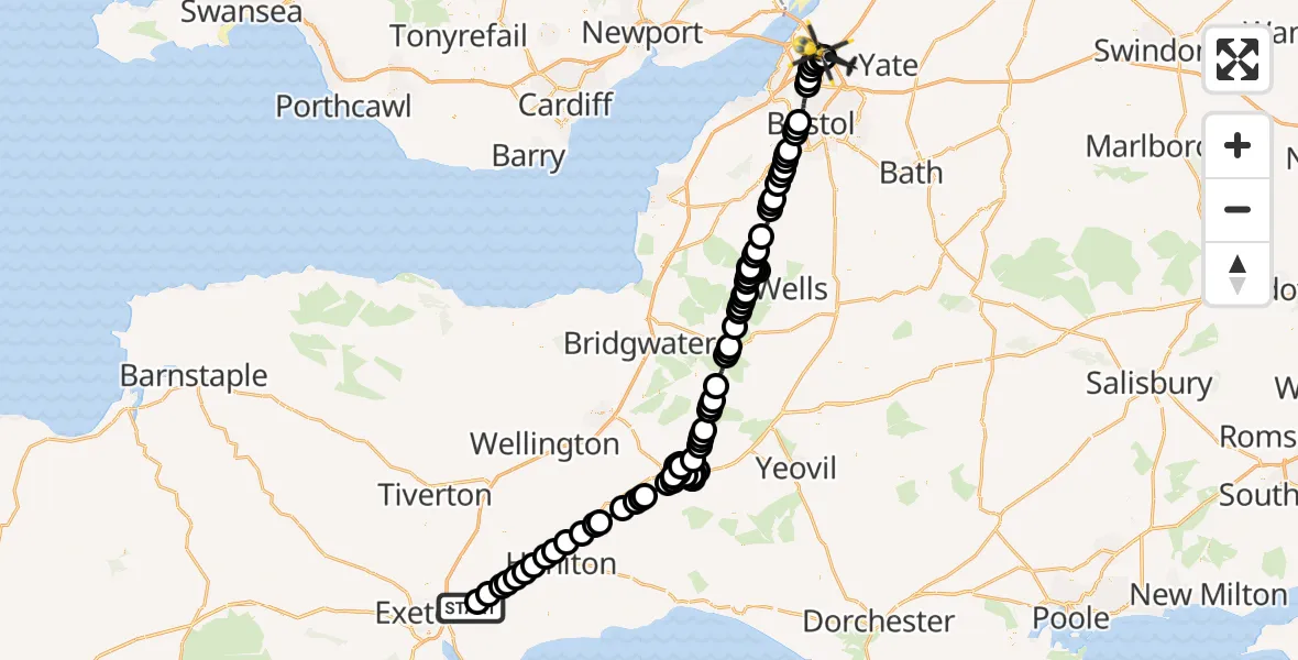 Flight route Police Helicopter Exeter International Airport - Almondsbury Helicopter Base, 01 August 2026, 22:26