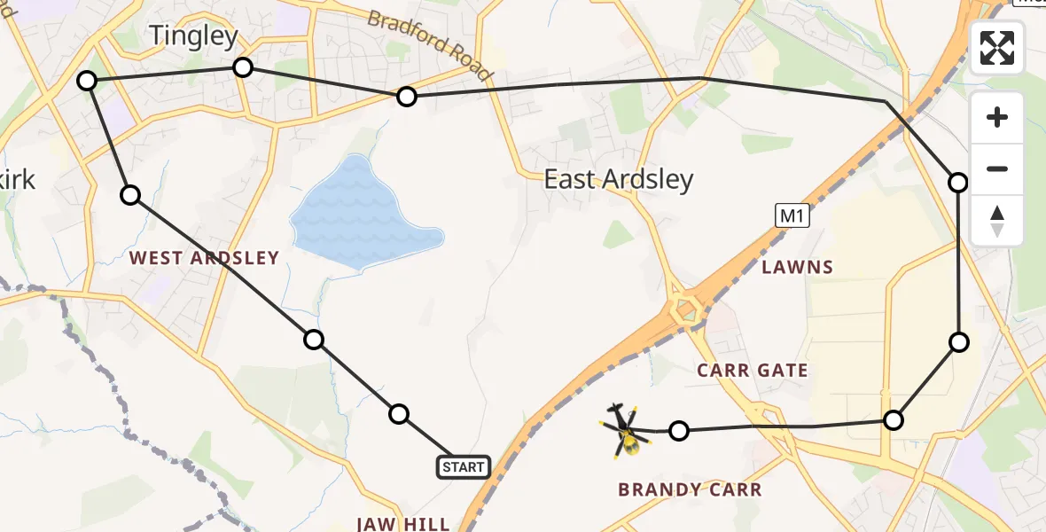 Flight route Police Helicopter East Ardsley - East Ardsley, 01 August 2026, 22:31