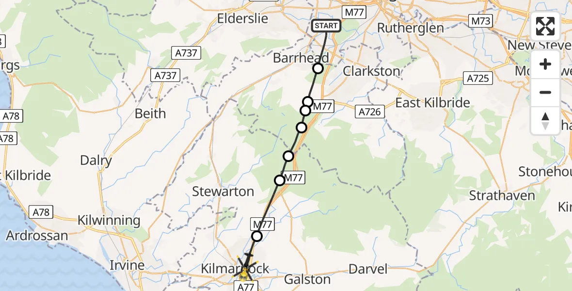 Flight route Police Helicopter Glasgow - Kilmarnock, 01 August 2026, 22:36