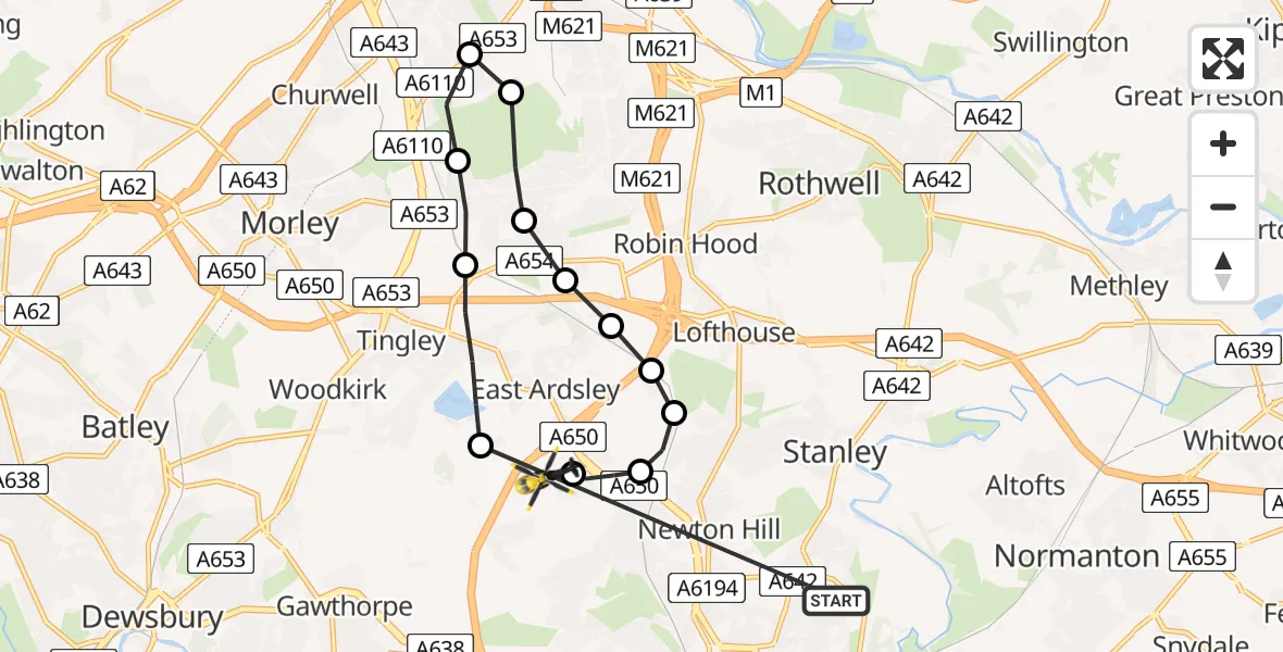 Flight route Police Helicopter Stanley - East Ardsley, 01 August 2026, 22:44