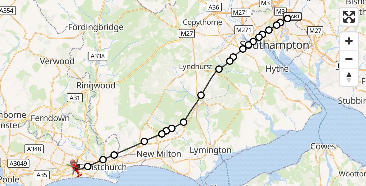 Flight route Air Ambulance Helicopter Southampton Airport - Bournemouth, 01 August 2026, 22:49