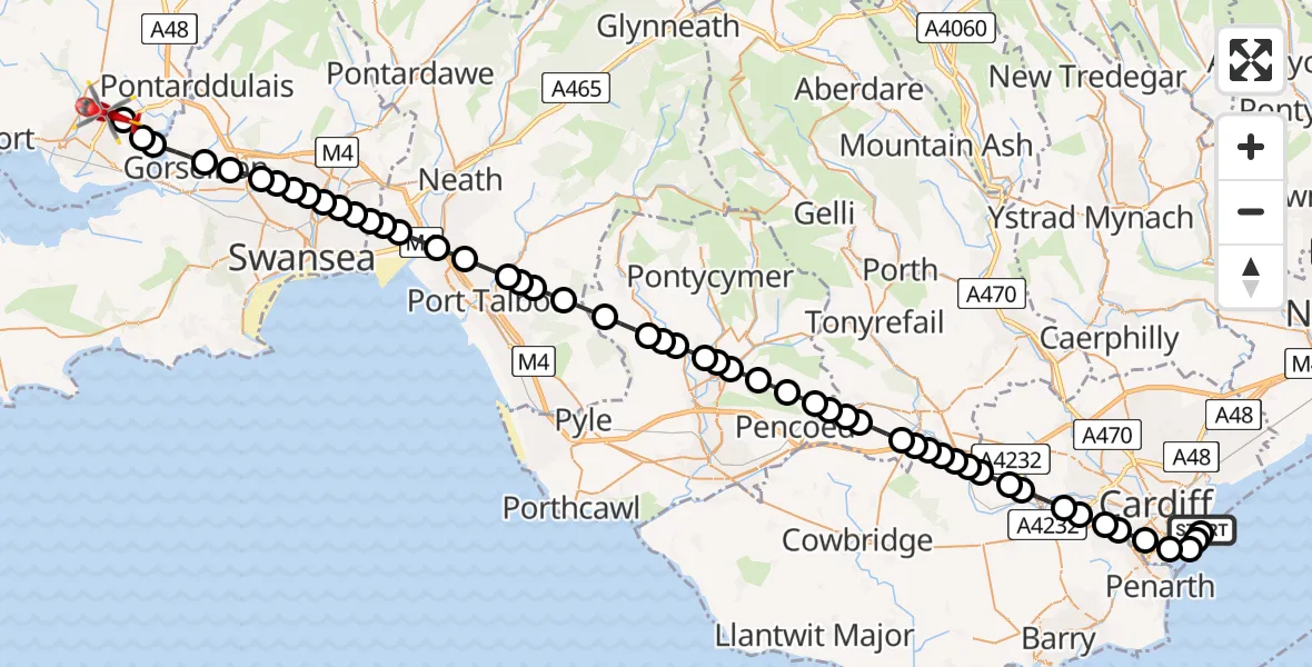 Flight route Air Ambulance Helicopter Cardiff Heliport - Dafen, 01 August 2026, 22:57
