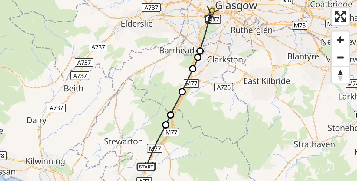 Flight route Police Helicopter Fenwick - Glasgow, 01 August 2026, 23:01