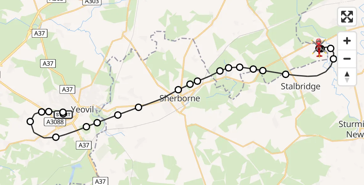 Flight route Air Ambulance Helicopter Yeovil/Westland Aerodrome - Henstridge Airfield, 01 August 2026, 23:10