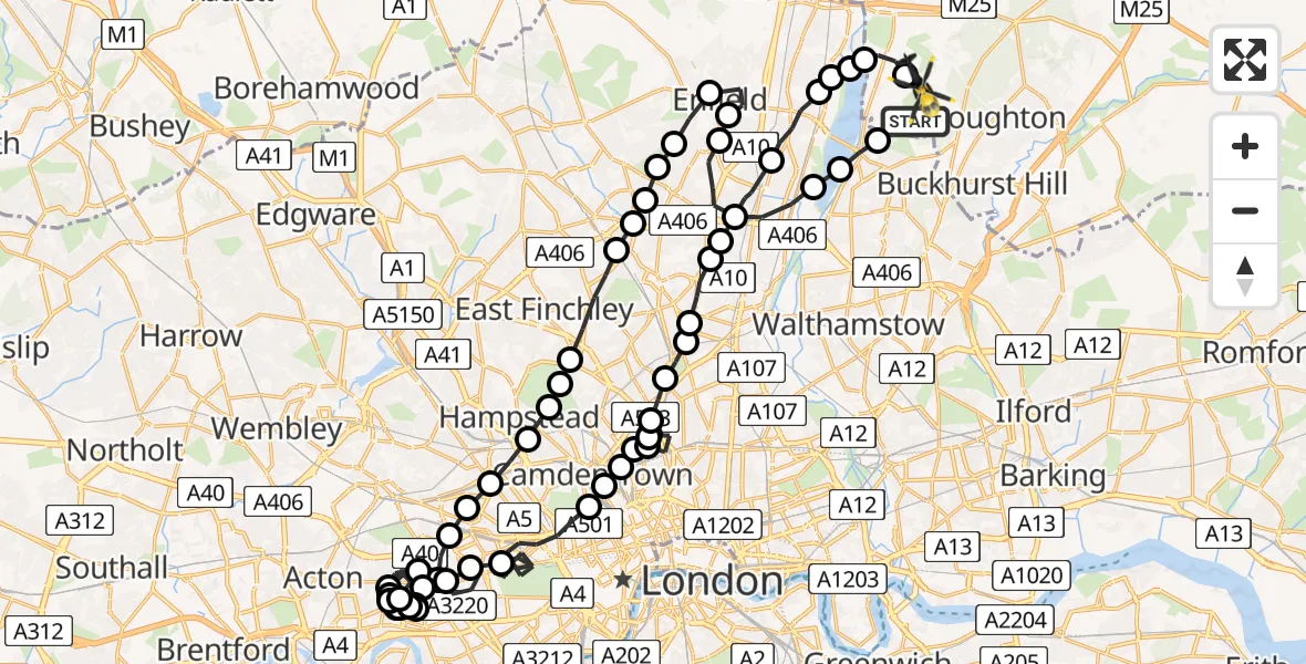Flight route Police Helicopter Sewardstonebury - Sewardstonebury, 01 August 2026, 23:48