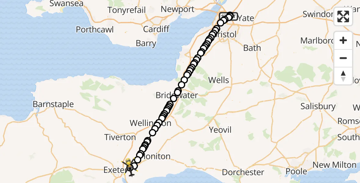 Flight route Police Helicopter Almondsbury Helicopter Base - Exeter International Airport, 02 August 2026, 00:05