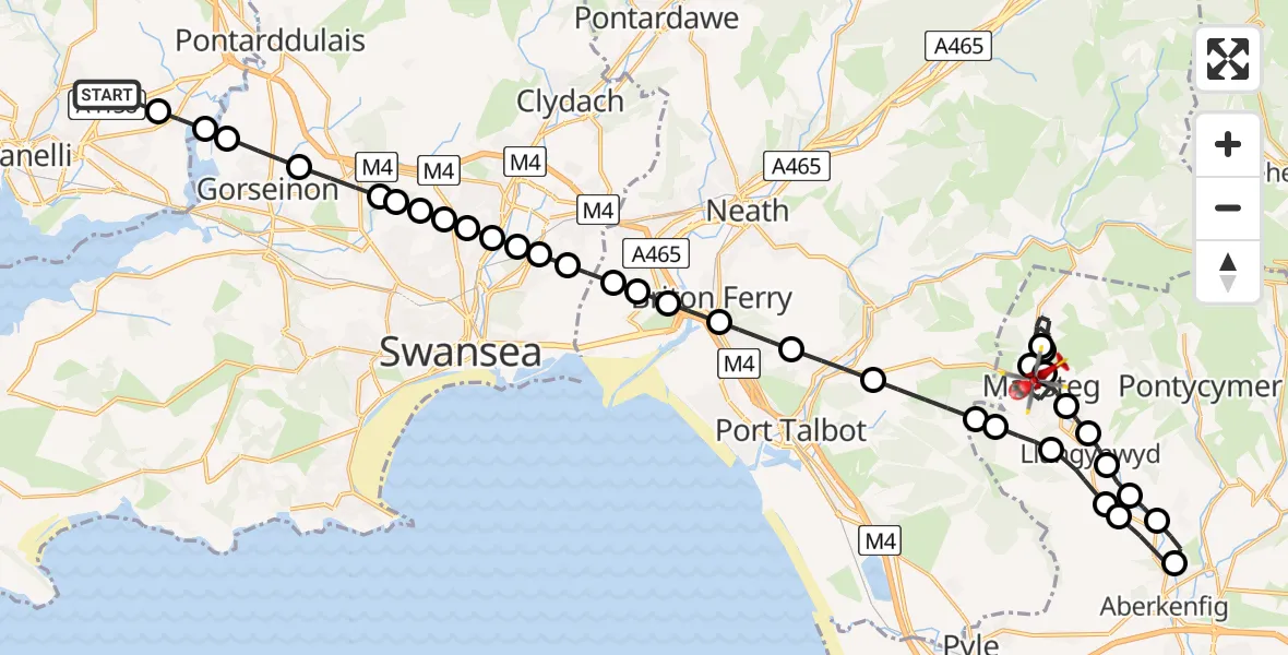Flight route Air Ambulance Helicopter Dafen - Maesteg, 02 August 2026, 00:14