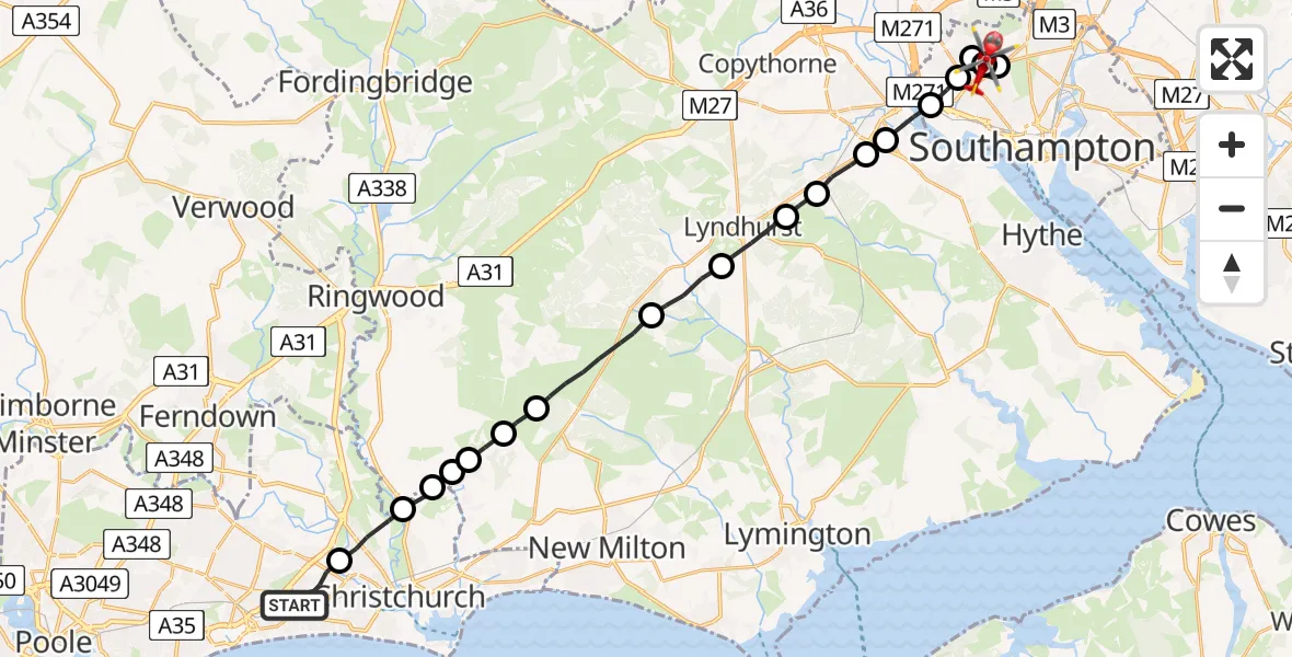 Flight route Air Ambulance Helicopter Bournemouth - University Hospital Southampton, 02 August 2026, 00:15