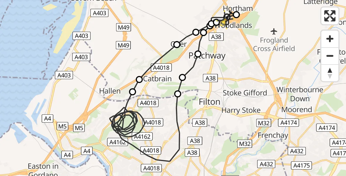 Flight route Police Helicopter Almondsbury Helicopter Base - Almondsbury Helicopter Base, 02 August 2026, 00:27