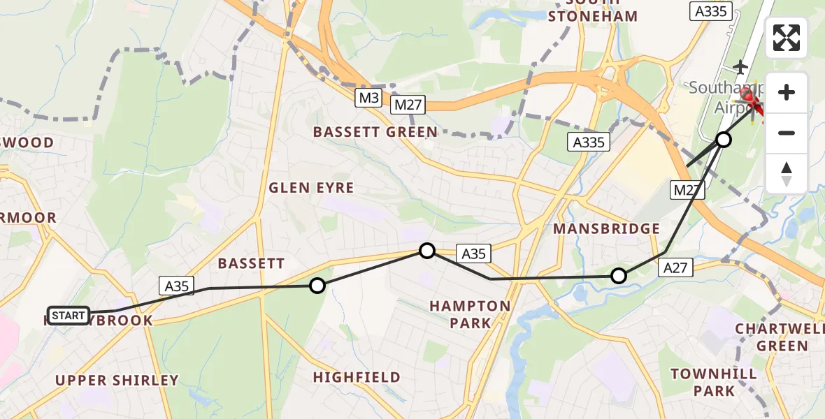 Flight route Air Ambulance Helicopter Hollybrook - Southampton Airport, 02 August 2026, 01:08