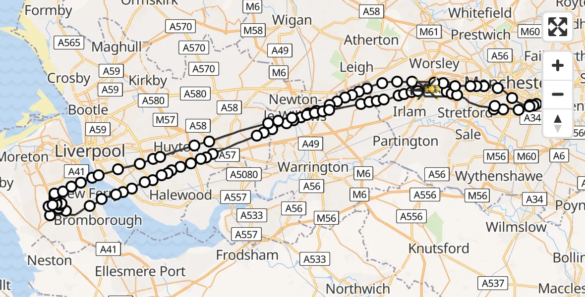Flight route Police Helicopter Eccles - Manchester Barton Aerodrome, 02 August 2026, 01:32