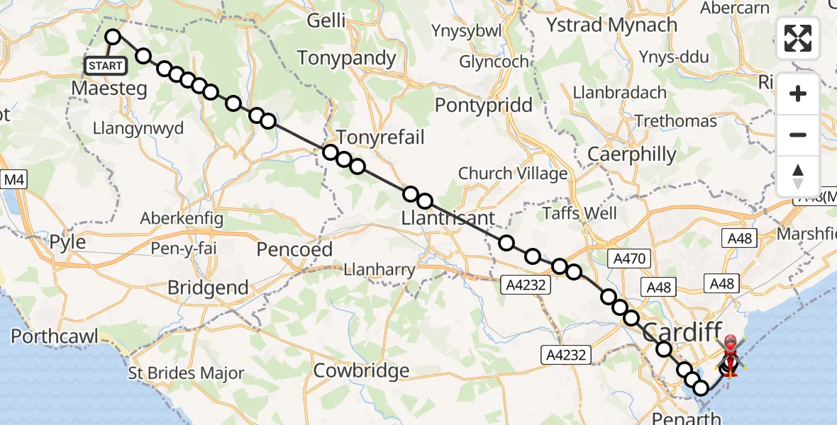 Flight route Air Ambulance Helicopter Nantyffyllon - Cardiff Heliport, 02 August 2026, 02:30
