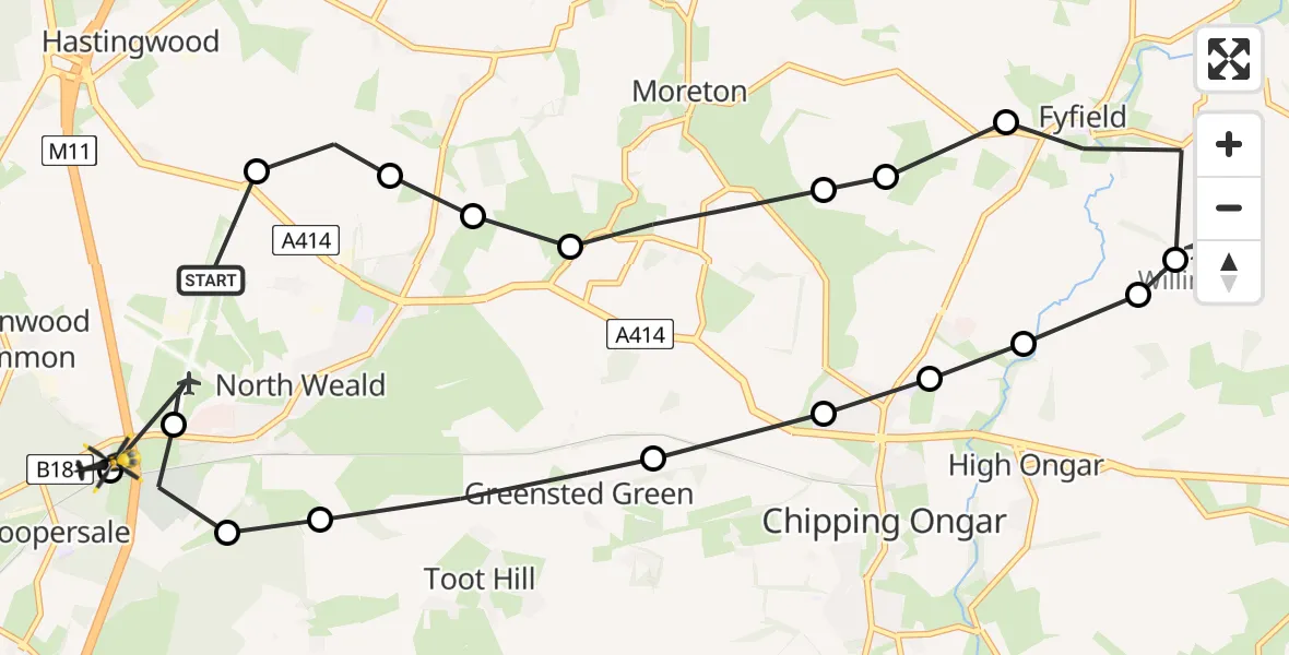 Flight route Police Helicopter North Weald Airfield - Coopersale, 02 August 2026, 03:44