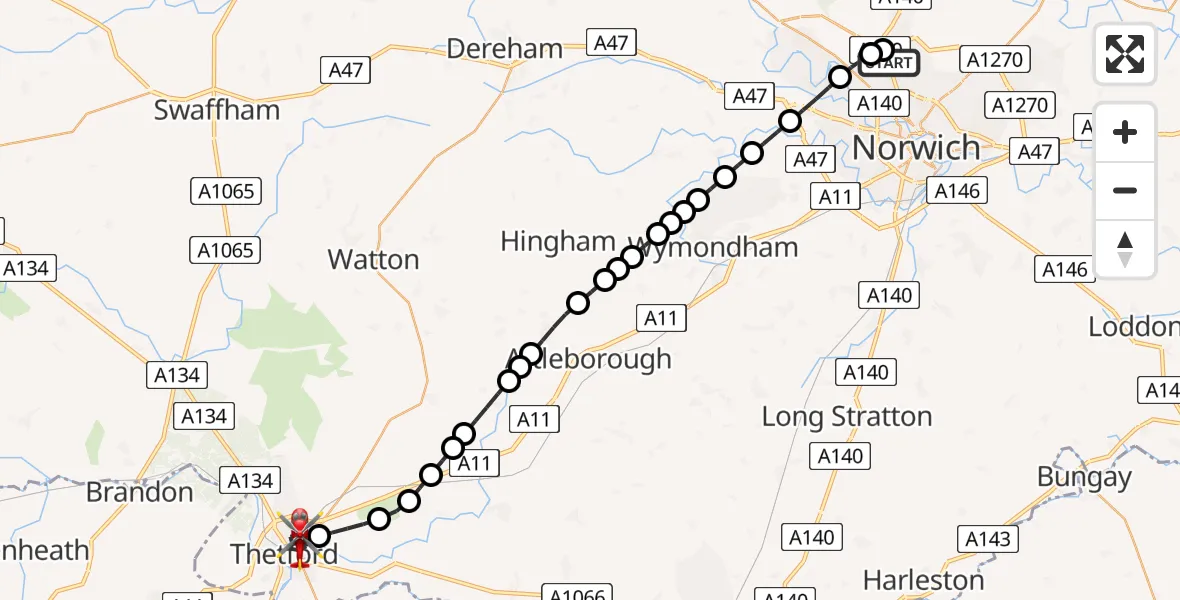 Flight route Air Ambulance Helicopter Norwich Airport - Thetford, 02 August 2026, 05:29