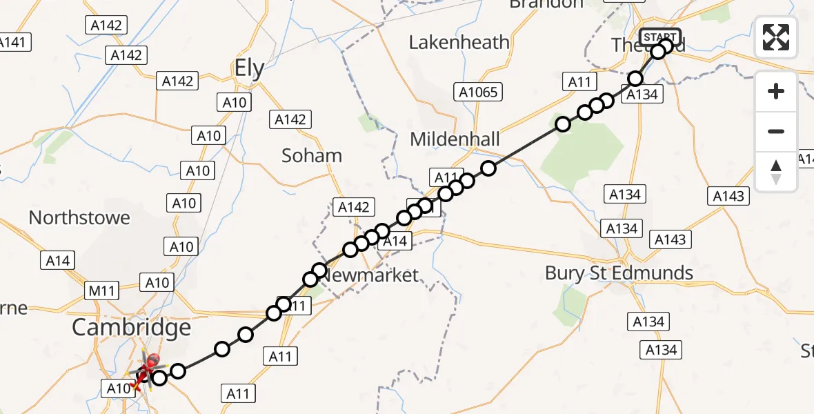 Flight route Air Ambulance Helicopter Thetford - Papworth Hospital, 02 August 2026, 06:24
