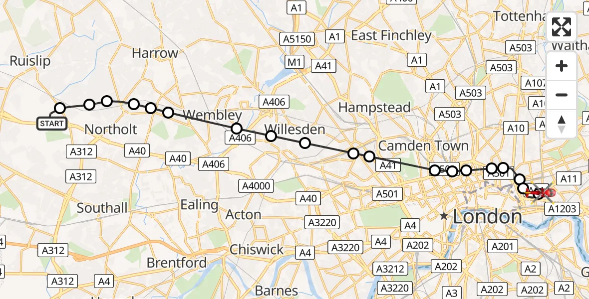 Flight route Air Ambulance Helicopter RAF Northolt - Royal London Hospital, 02 August 2026, 06:42