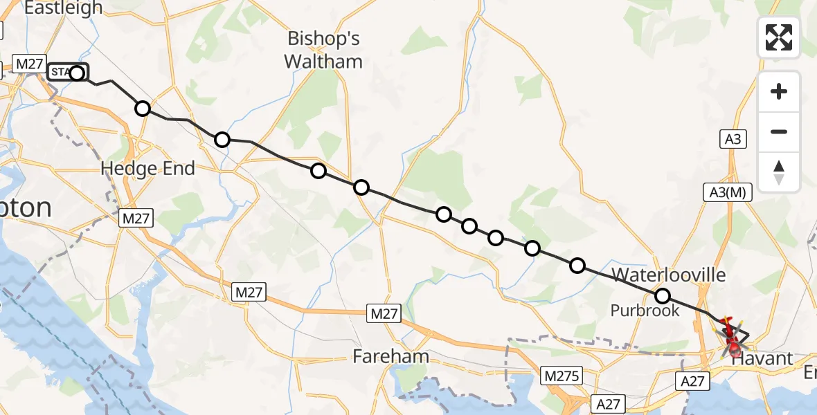 Flight route Air Ambulance Helicopter Southampton Airport - Havant, 02 August 2026, 07:03