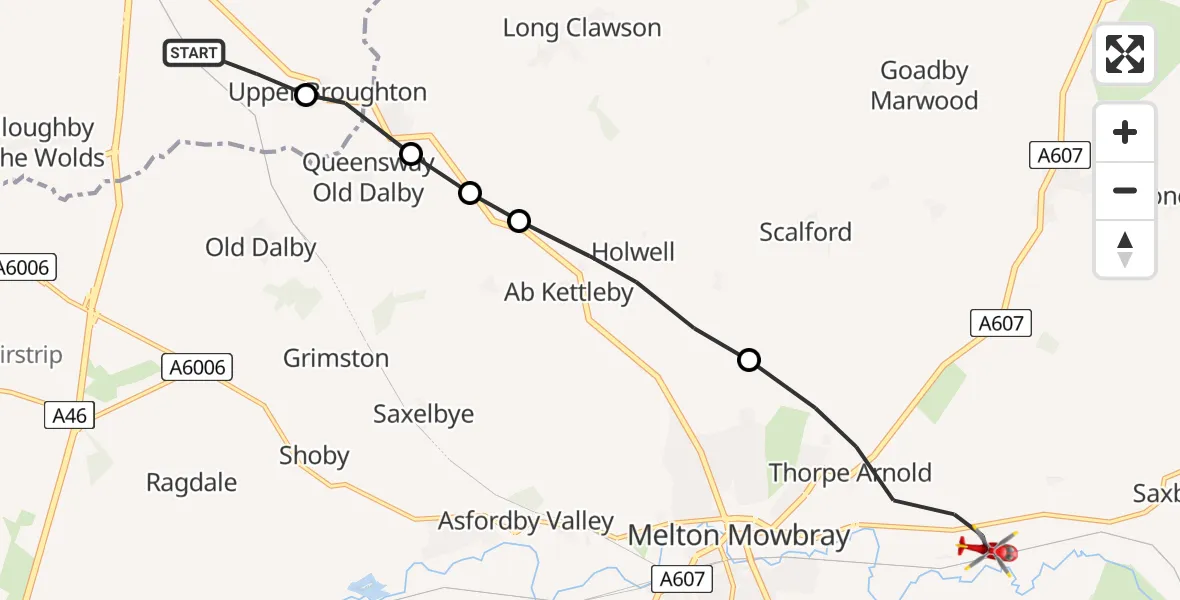 Flight route Air Ambulance Helicopter Hickling - Thorpe Arnold, 02 August 2026, 07:11