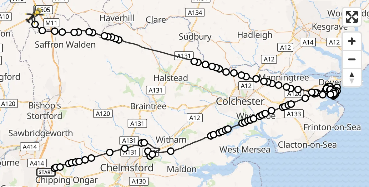 Flight route Police Helicopter North Weald Bassett - Duxford, 02 August 2026, 07:13