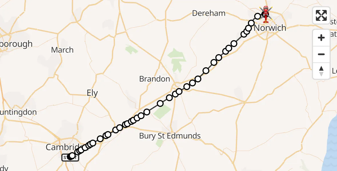 Flight route Air Ambulance Helicopter Papworth Hospital - Norwich Airport, 02 August 2026, 07:14