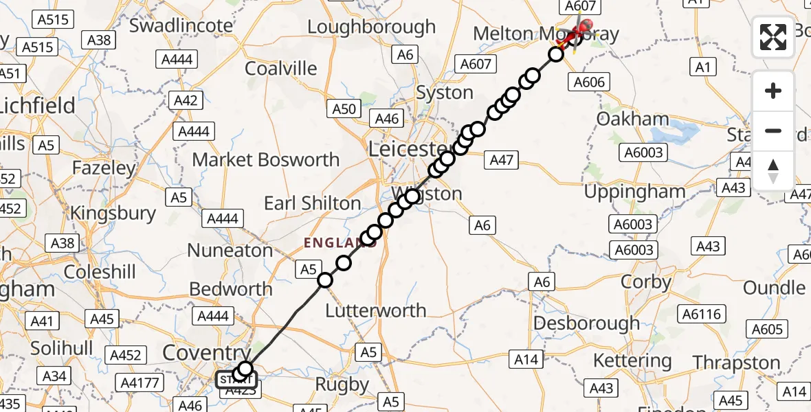 Flight route Air Ambulance Helicopter Rugby - Thorpe Arnold, 02 August 2026, 07:20
