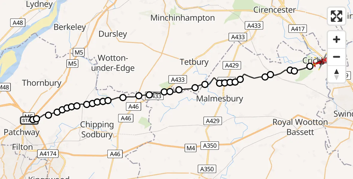 Flight route Air Ambulance Helicopter Almondsbury Helicopter Base - Cricklade, 02 August 2026, 07:24