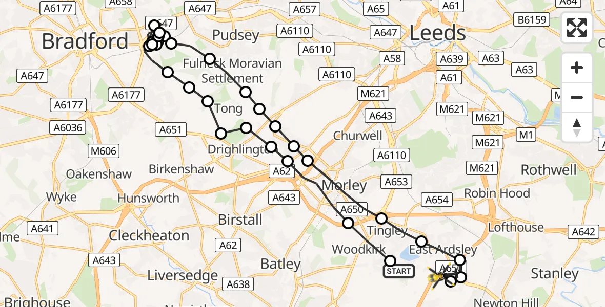 Flight route Police Helicopter Woodkirk - East Ardsley, 02 August 2026, 07:27