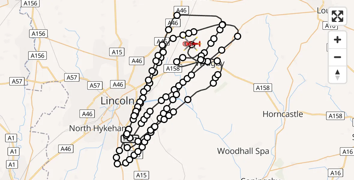 Flight route Air Ambulance Helicopter RAF Waddington - Wickenby Aerodrome, 02 August 2026, 07:28