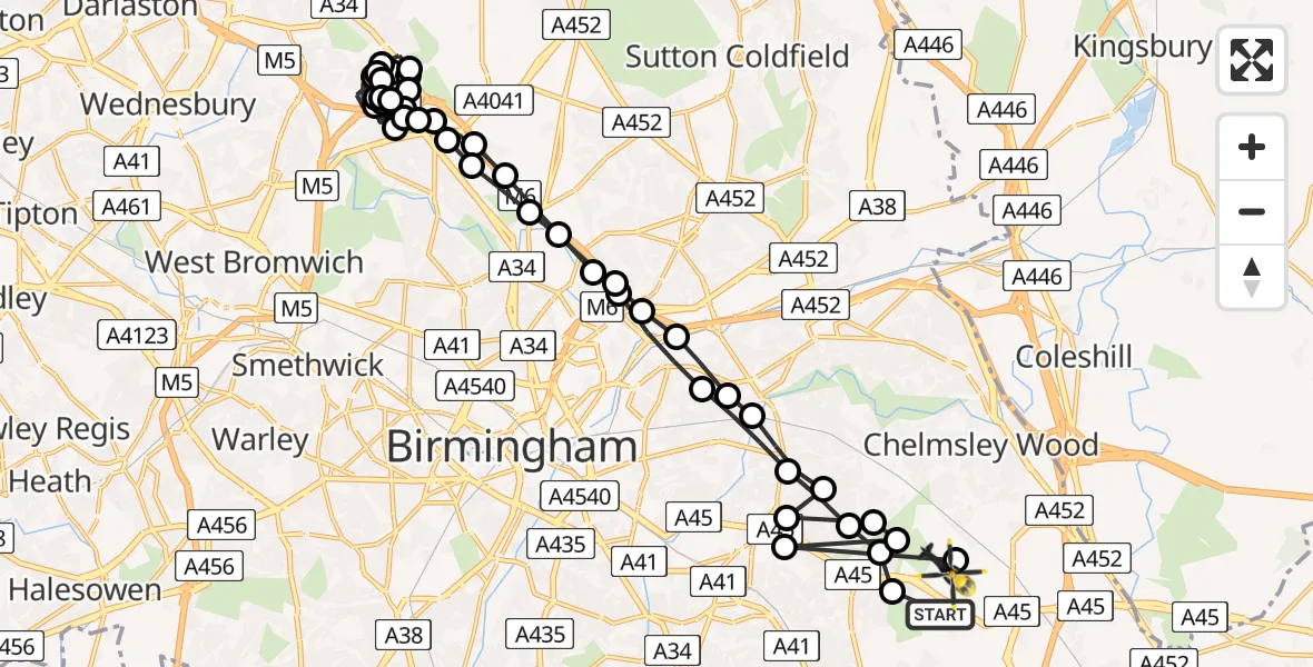 Flight route Police Helicopter Birmingham Airport - Birmingham Airport, 02 August 2026, 07:45