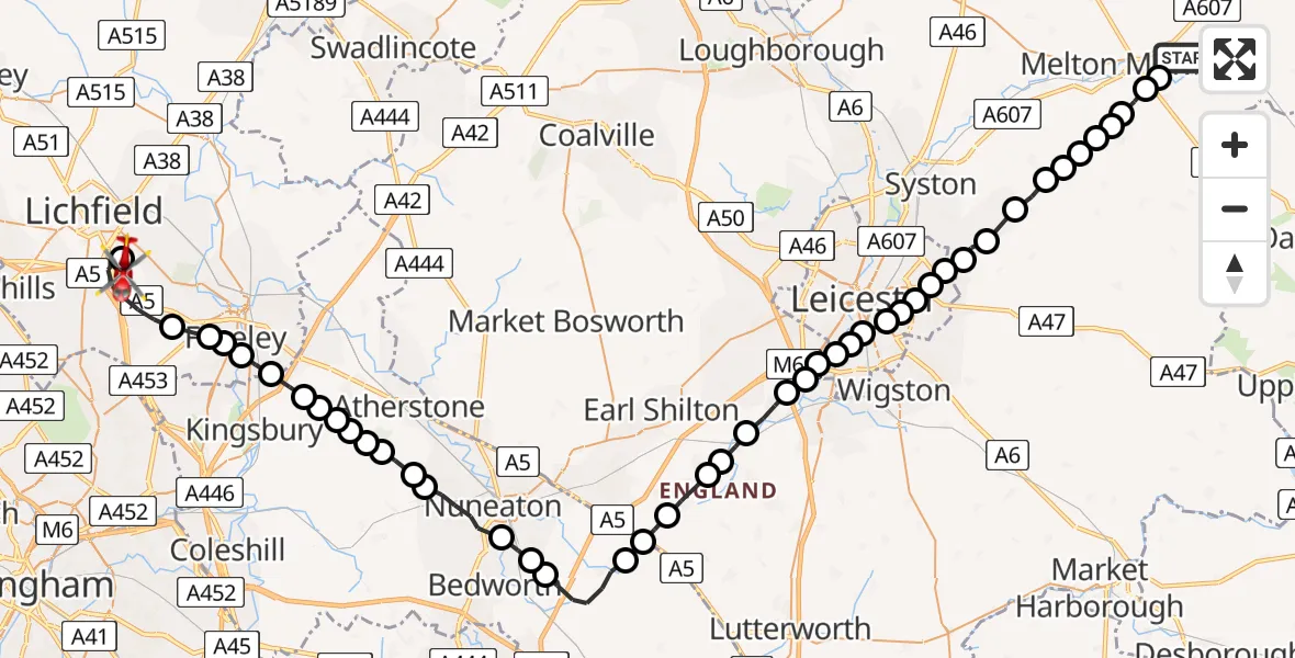 Flight route Air Ambulance Helicopter Thorpe Arnold - Whittington Heath, 02 August 2026, 07:51