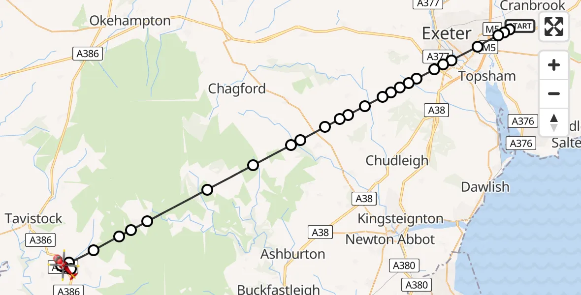 Flight route Air Ambulance Helicopter Exeter International Airport - Crapstone, 02 August 2026, 08:13