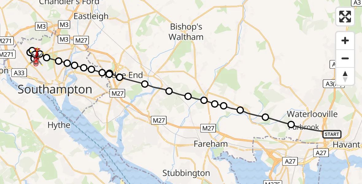 Flight route Air Ambulance Helicopter Havant - Hollybrook, 02 August 2026, 08:16