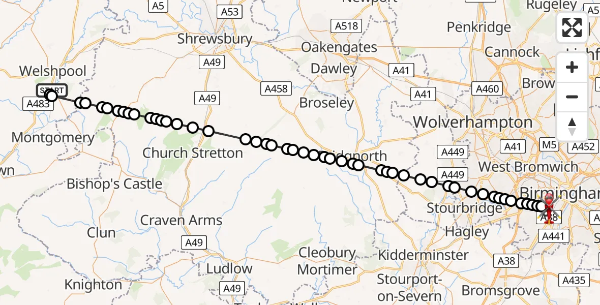 Flight route Air Ambulance Helicopter Welshpool Airport - Metchley, 02 August 2026, 08:19