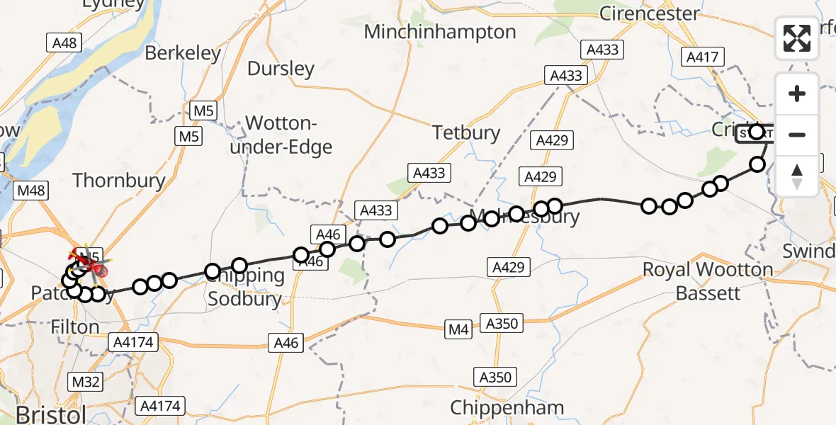 Flight route Air Ambulance Helicopter Swindon - Almondsbury Helicopter Base, 02 August 2026, 08:19