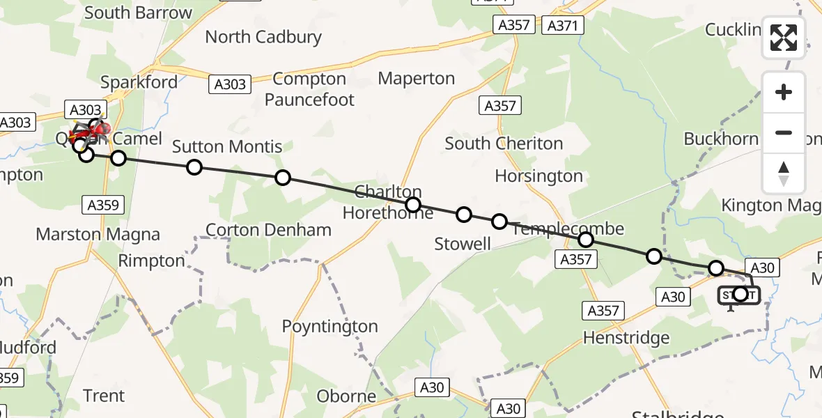 Flight route Air Ambulance Helicopter Henstridge Airfield - West Camel, 02 August 2026, 08:20