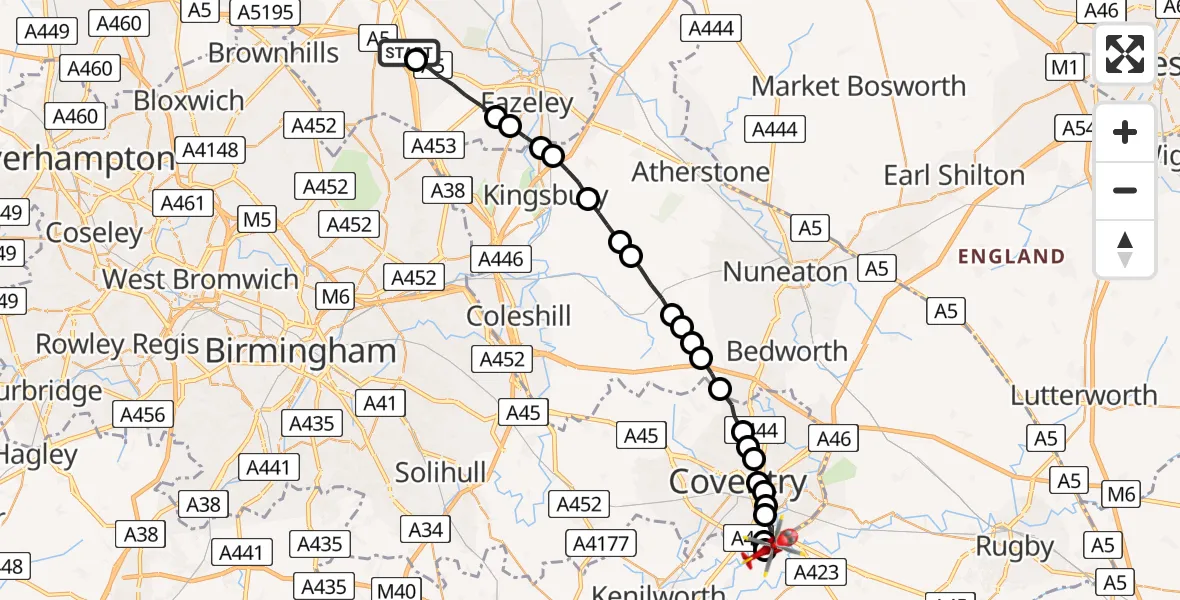 Flight route Air Ambulance Helicopter Lichfield - Coventry Airport, 02 August 2026, 08:27