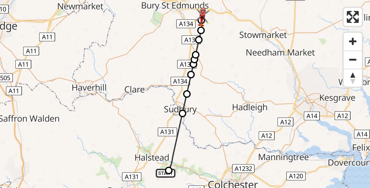 Flight route Air Ambulance Helicopter Earls Colne Airfield - Rougham, 02 August 2026, 08:28