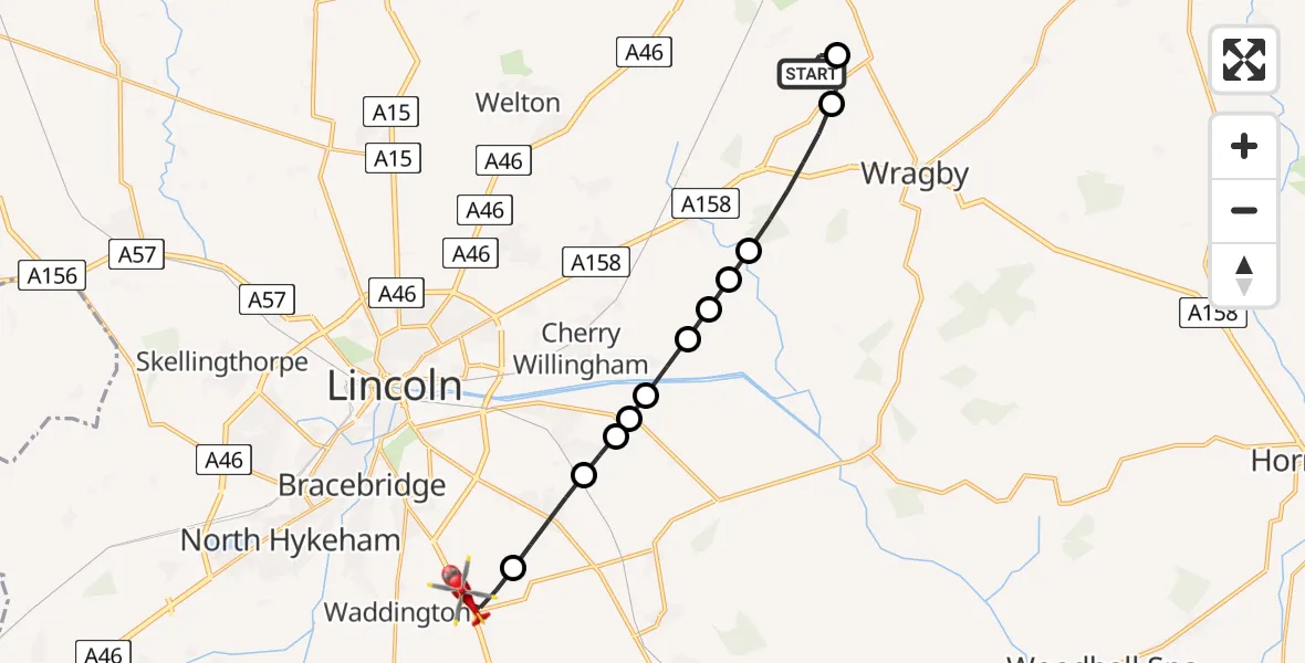 Flight route Air Ambulance Helicopter Wickenby Aerodrome - North Kesteven, 02 August 2026, 08:31