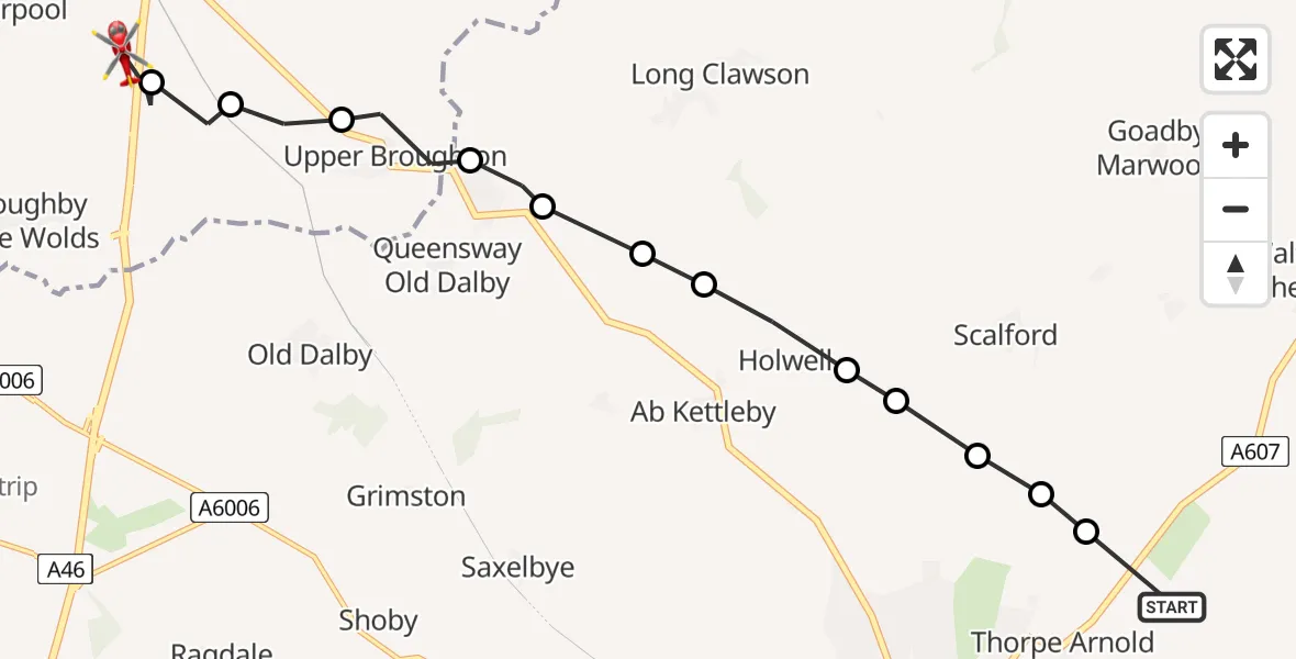 Flight route Air Ambulance Helicopter Thorpe Arnold - Nottingham Heliport, 02 August 2026, 08:36