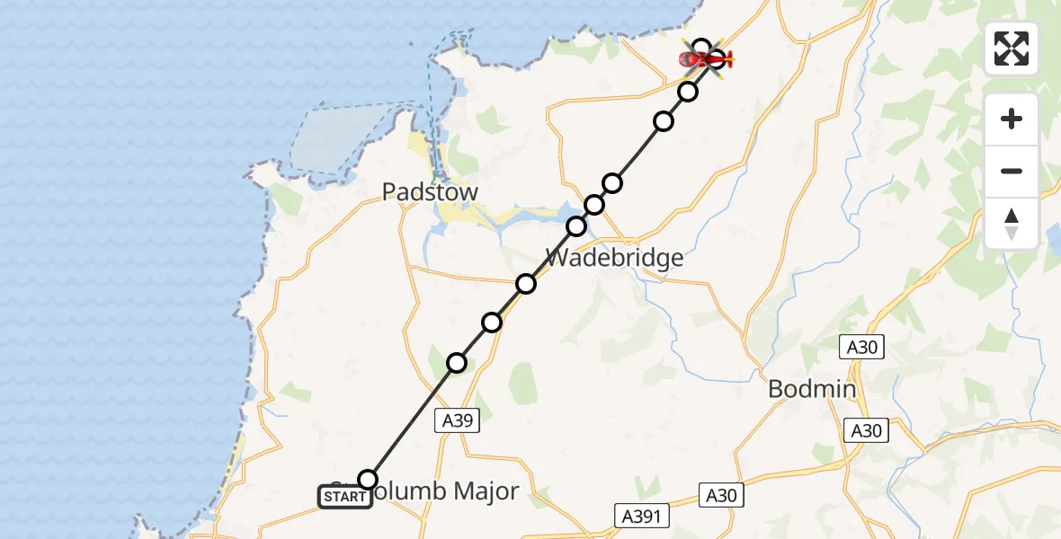 Flight route Air Ambulance Helicopter Cornwall Airport Newquay - St. Endellion, 02 August 2026, 08:47