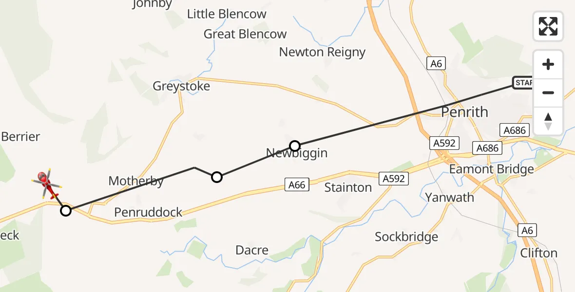 Flight route Air Ambulance Helicopter Penrith - Troutbeck, 02 August 2026, 08:51