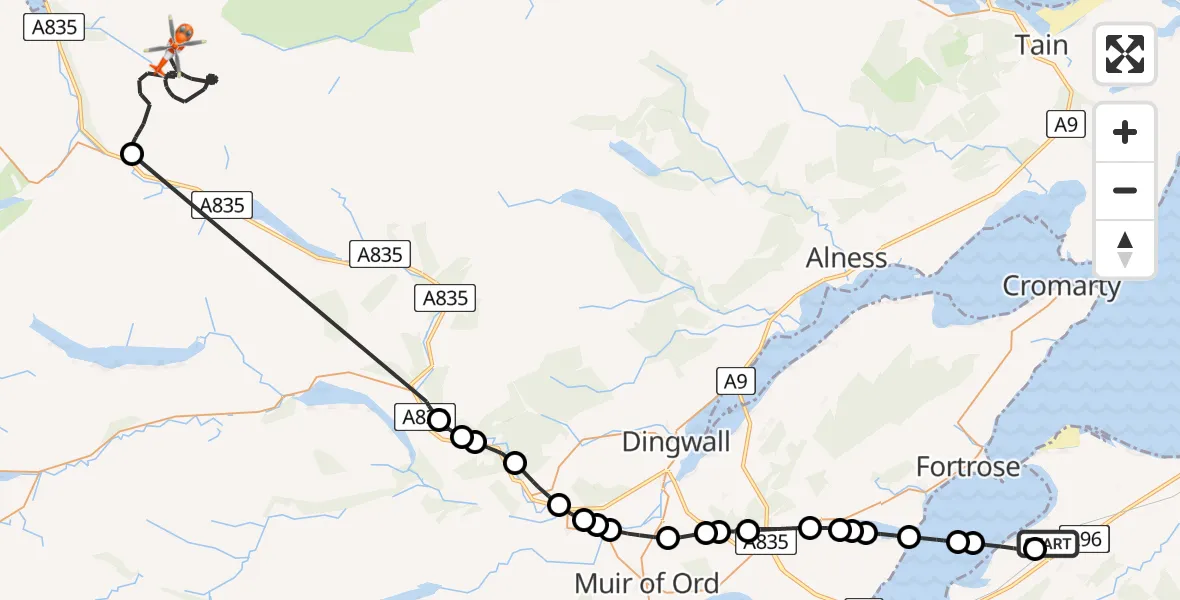 Flight route Coastguard Helicopter Inverness Airport - Highland, 02 August 2026, 09:00