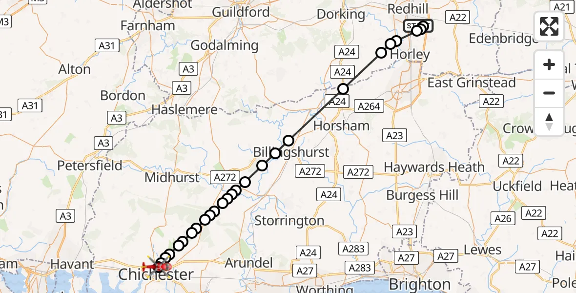 Flight route Air Ambulance Helicopter Redhill Aerodrome - Chichester, 02 August 2026, 09:01