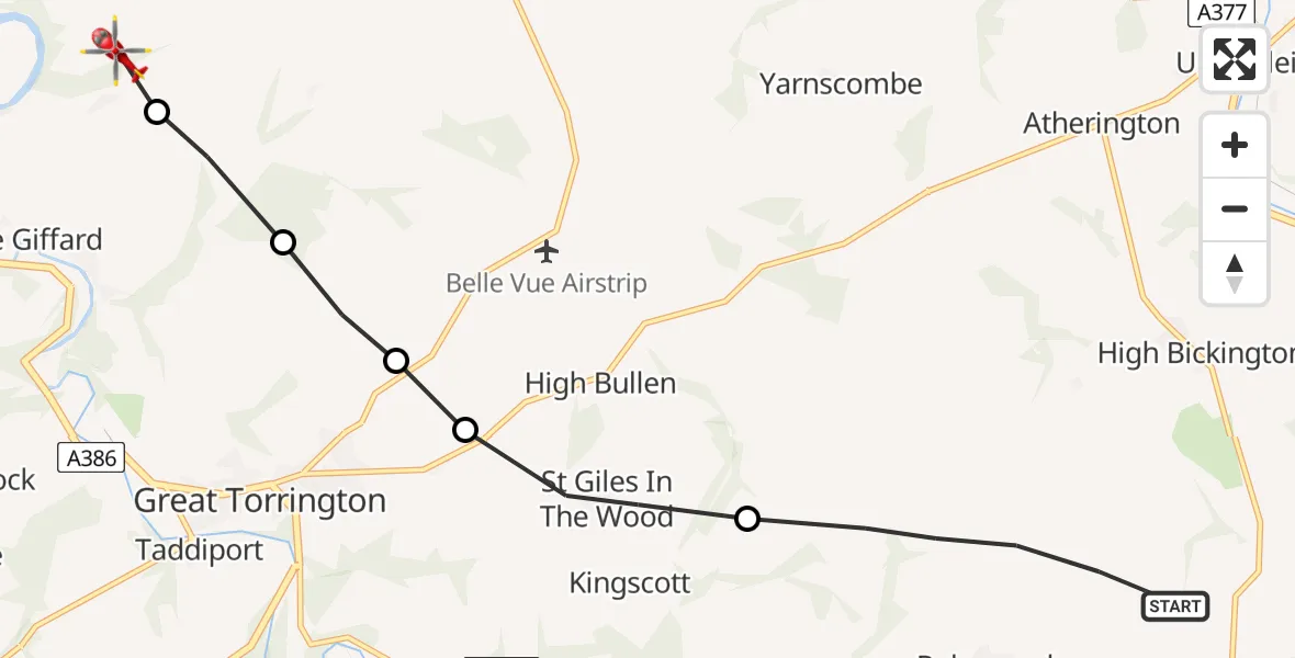 Flight route Air Ambulance Helicopter Roborough - Weare Giffard, 02 August 2026, 09:12