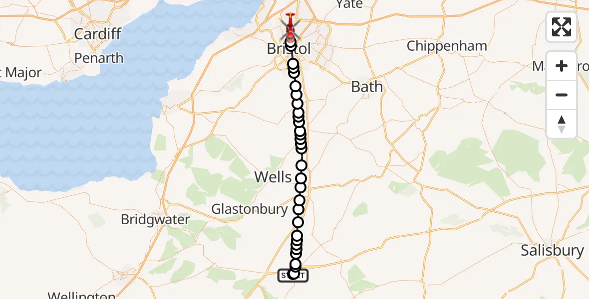 Flight route Air Ambulance Helicopter Queen Camel - Bristol, 02 August 2026, 09:28