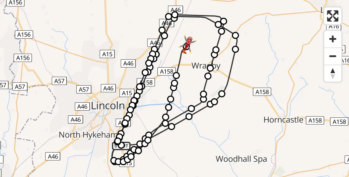 Flight route Air Ambulance Helicopter RAF Waddington - Wickenby Aerodrome, 02 August 2026, 09:31